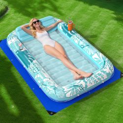 Picture of Inflatable Tanning Pool Lounger Float with Protection Tarp, 70" x 46" Pool Floats Adult with Pillow, 6 in 1 Suntan Tub Raft Floatie, Sunbathing Water Bed Lounge Blow Up Kids Ball Pit Party Gifts-Cyan