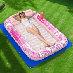 Picture of Inflatable Tanning Pool Lounger Float with Protection Tarp, 70" x 46" Pool Floats Adult with Pillow, 6 in 1 Suntan Tub Raft Floatie, Sunbathing Water Bed Lounge Blow Up Kids Ball Pit Party Gifts-Pink