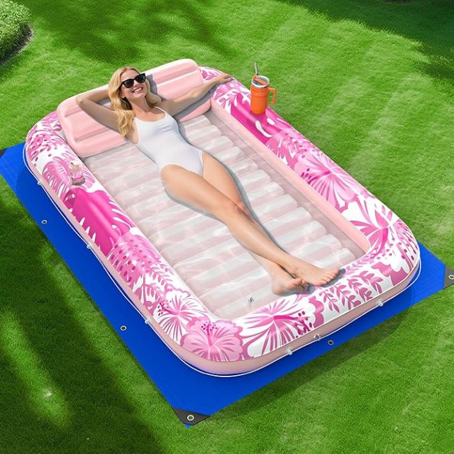 Picture of Inflatable Tanning Pool Lounger Float with Protection Tarp, 70" x 46" Pool Floats Adult with Pillow, 6 in 1 Suntan Tub Raft Floatie, Sunbathing Water Bed Lounge Blow Up Kids Ball Pit Party Gifts-Pink