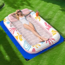 Picture of Inflatable Tanning Pool Lounger Float with Protection Tarp,70" x 46" Pool Floats Adult w/Pillow,6 in 1 Suntan Tub Floatie,Sunbathing Water Bed Lounge Blow Up Kids Ball Pit Party Gifts-Pink Champagne