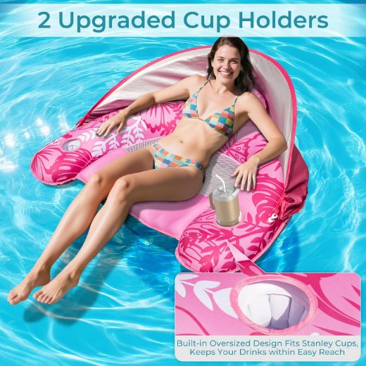 Picture of POOLACC Inflatable Fabric Covered Pool Float Adult with UPF50+ Sunshade Canopy & Cup Holders, XL Water Lounger Float Recliner Chair for Pool Party Lake Beach