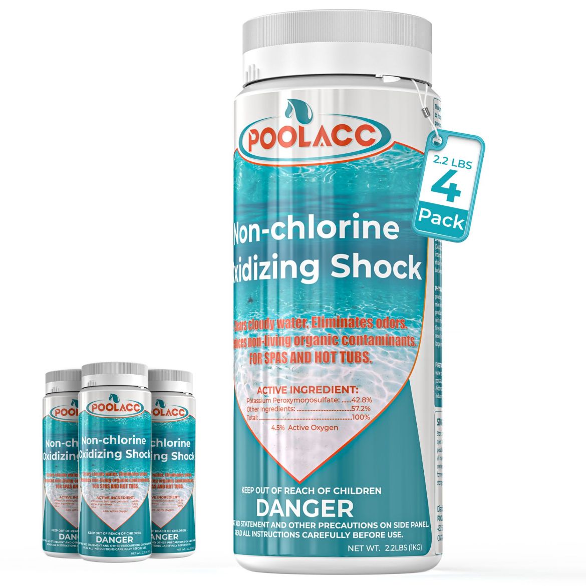Picture of POOLACC Non-Chlorine Spa Shock for Hot Tub -2.2 lbs×4 packs, Chlorine-Free Shock Oxidizer Treatment for Hot Tubs, Spas and Swimming Pools, Fast Acting Oxidizing Shock for Crystal Clear Water, 35.2oz×4